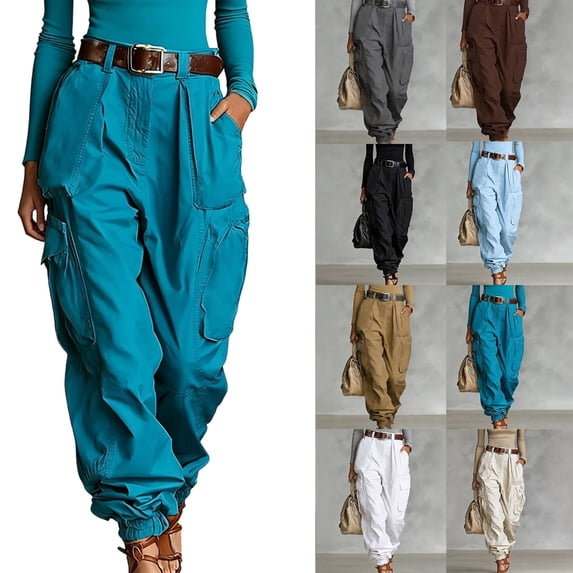 Ihhxva Women's High Waisted Wide Leg Cargo Pants with Pockets, Loose Fit Full Length Solid Casual Trousers S - 2XL