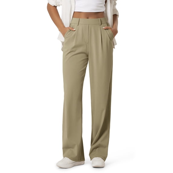 Ihhxva Women's High Waisted Wide Leg Pants Elastic Waist Stretchable Multi-Pockets Solid Color Trousers Slacks Business Casual Office Daily Wear - Khaki L