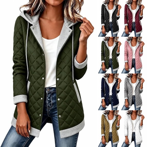 Ihhxva Women's Hooded Quilted Jacket, Snap Front Mid-Length Coat with Detachable Hood and Pockets, Long Sleeve Casual Outerwear S - 3XL