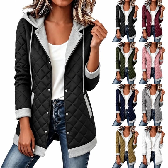 Ihhxva Women's Hooded Quilted Jacket, Snap Front Mid-Length Coat with Detachable Hood and Pockets, Long Sleeve Casual Outerwear S - 3XL