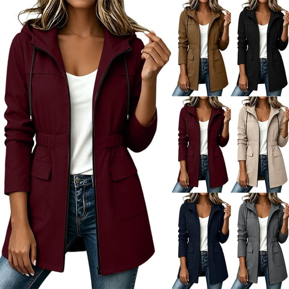 Ihhxva Women's Hooded Windbreaker Jacket, Water-Repellent Zip Up Long Sleeve Coat with Adjustable Drawstring Waist and Pockets S - 2XL