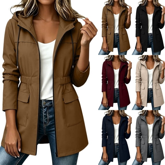 Ihhxva Women's Hooded Windbreaker Jacket, Water-Repellent Zip Up Long Sleeve Coat with Adjustable Drawstring Waist and Pockets S - 2XL