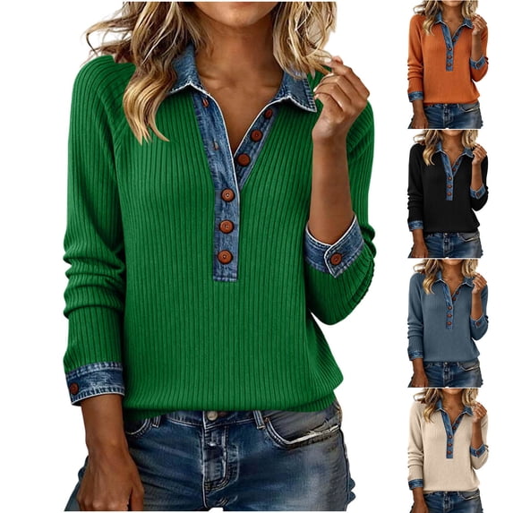 Ihhxva Women's Knit Sweater with Denim Collar Slim Fit Stretchy Ribbed Button-Up Pullover Casual Long Sleeve Winter Tunic Top S-3XL