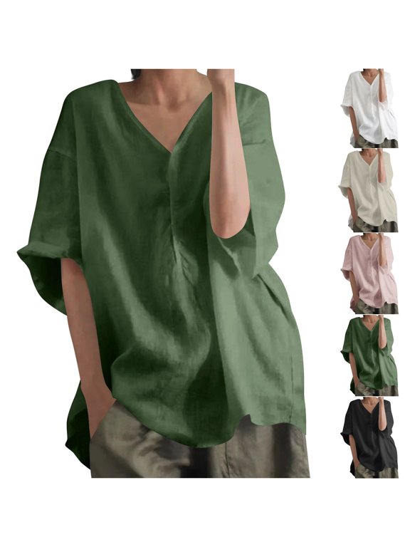 Women's Linen Button down Shirt Cotton V-Neck Blouse Loose Fit Dolman Sleeves Oversized Summer Top Casual Beach Tunic Flowy Blouson M-3XL
