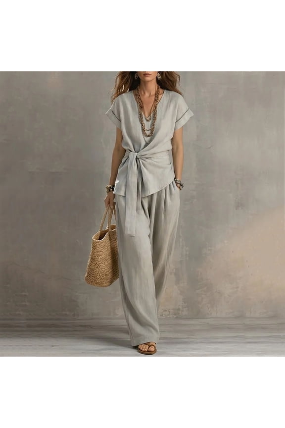 Women's Linen Outfit Sets Solid Color Two Piece Set Casual Lounge Multi-Pockets Stretchable Regular Fit Summer Vacation Matching Set - Gray L