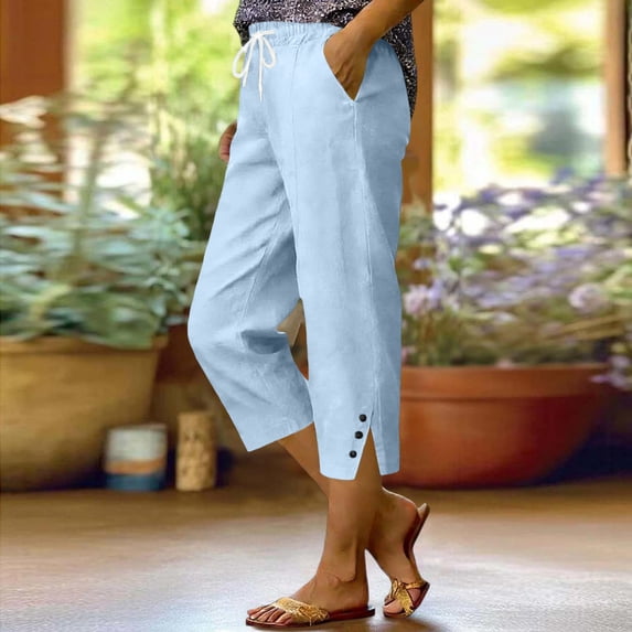 Ihhxva Women's Linen Pants Elastic Waist Straight Leg 3/4 Length Solid Color with Pockets Button Detail Side Slit Casual Summer Trousers - Light Blue M