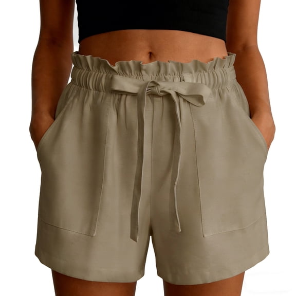 Ihhxva Women's Linen Shorts with Pockets Elastic Waist Solid Color Summer Casual Bermuda Shorts for Women Beach Vacation - Khaki M