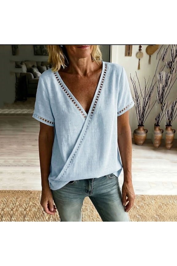 Women's Linen Tops Cotton Loose Fit V-Neck Blouse Summer Casual Wrap Top Flowy Boho Chic Tunic Shirt for Beach Vacation S-2XL