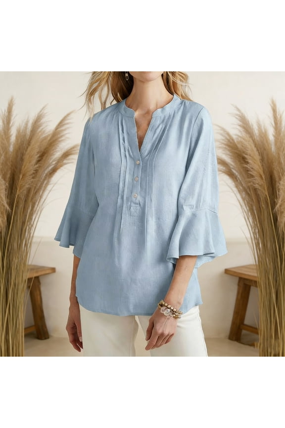 Women's Linen Tops Cotton Loose Fit V-Neck Blouse Women Flowy Bell Sleeve Top Summer Casual Boho Chic Tunic T-Shirt for Beach Vacation S-3XL