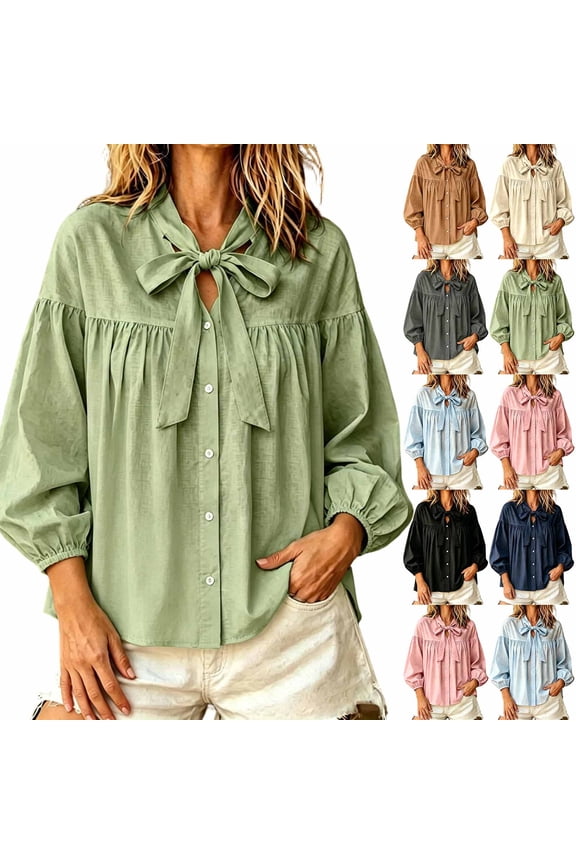Women's Linen Tops Loose Fit Cotton Button Detail Tie Neck Blouse Puff Sleeve Casual Summer Beach Tunic Shirt with Flowy Silhouette S-2XL