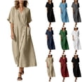 thumbnail image 1 of Ihhxva Women's Linen V-Neck Short Sleeve Button Detail Dress with Pockets Summer Cotton Loose Fit Wrinkle-Resistant Kimono Mid-Length Beach Vacation Casual Sundress S-2XL, 1 of 9