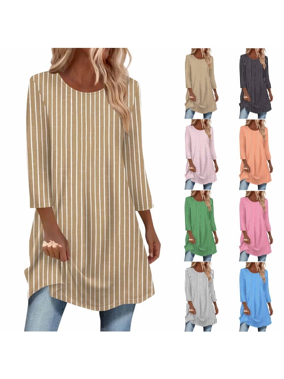 Women's Loose Fit Striped Tunic Top with 3/4 Sleeves High-Low Hemline Long Blouse Winter Casual Flowy Cotton Office S-2XL