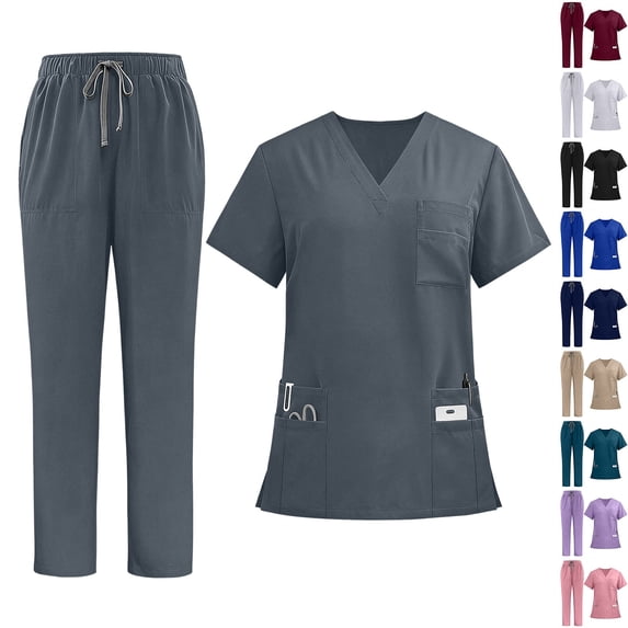 Ihhxva Women's Medical Scrub Sets V-Neck Short Sleeve Top and Drawstring Straight Leg Pants Multi-Pocket Nursing Uniform Solid Color Caregiver Workwear S - XXL