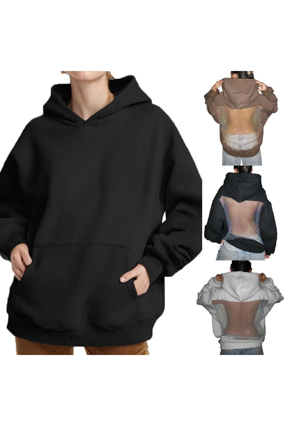 Women's Oversized Hoodie with Pockets, Open Back Rhinestone Mesh Detail, Backless Sweatshirt, Casual Loose Fit, Soft Cotton , Night out Party Top, Long Sleeve XS-2XL