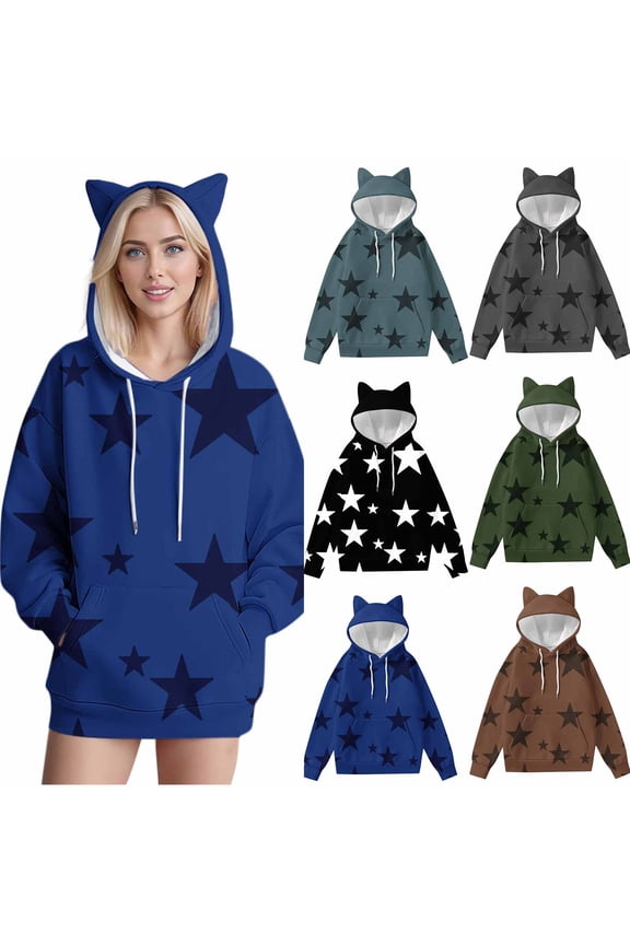 Women's Oversized Hoodie Star Print Cat Ear with Pockets Cute Animal Casual Pullover Lined Long Sleeve Cozy Streetwear Winter S-2XL