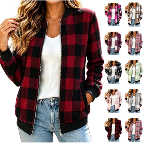 Ihhxva Women's Plaid Bomber Jacket, Cropped Zip Up Long Sleeve Coat with Pockets, Collared Checkered Casual Winter Fashion Outerwear, S - 2XL