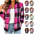 thumbnail image 1 of Ihhxva Women's Plaid Bomber Jacket, Cropped Zip Up Long Sleeve Coat with Pockets, Collared Checkered Casual Winter Fashion Outerwear, S - 2XL, 1 of 8