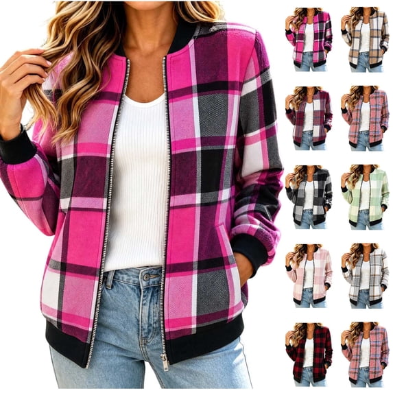 Ihhxva Women's Plaid Bomber Jacket, Cropped Zip Up Long Sleeve Coat with Pockets, Collared Checkered Casual Winter Fashion Outerwear, S - 2XL