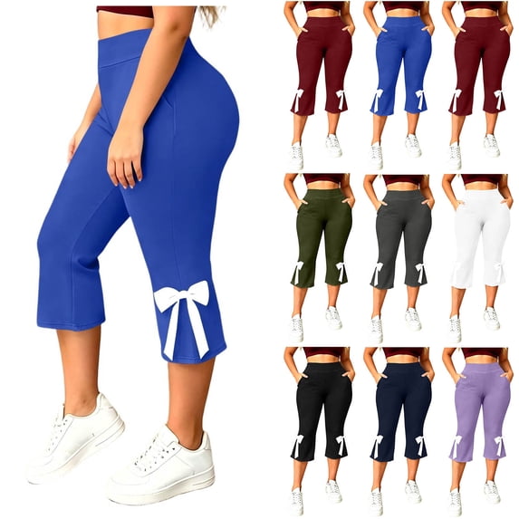 Ihhxva Women's Plus Size Capri Yoga Pants High Waisted 3/4 Length Stretch Bow Detail Multi-Pockets L-5XL