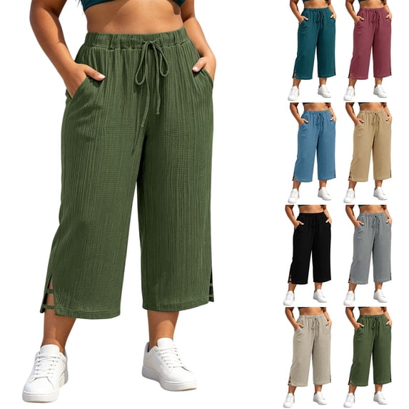 Ihhxva Women's Plus Size Culotte Capri Pants, Wide Leg Cropped Drawstring Elastic Waist Pants with Pockets and Side Slits, Casual Lounge Trousers XL - 5XL
