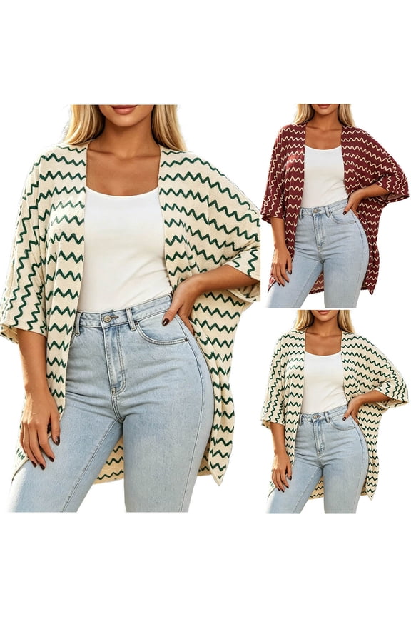 Women's Plus Size Short Sleeve Cardigan, Solid Color Geometric Zigzag Pattern, Lightweight Dolman Tunic Top L-4XL