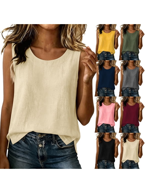 Women's Plus Women's Linen Tops Loose Fit Cotton Sleeveless Top Moisture-Wicking Casual Summer Blouse Breathable Solid Relaxed Flowy Tank Shell for Beach Vacation S-3XL