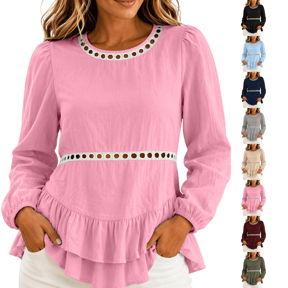 Ihhxva Women's Ruffle Hem Top, Cotton Linen Long Sleeve Blouse with ...