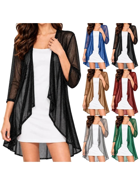 Women's Sparkly Long Duster Cardigan, 3/4 Sleeve Open Front Kimono Cover Up, Dressy Outerwear for Evening Party Cocktail Dresses, S - 3XL