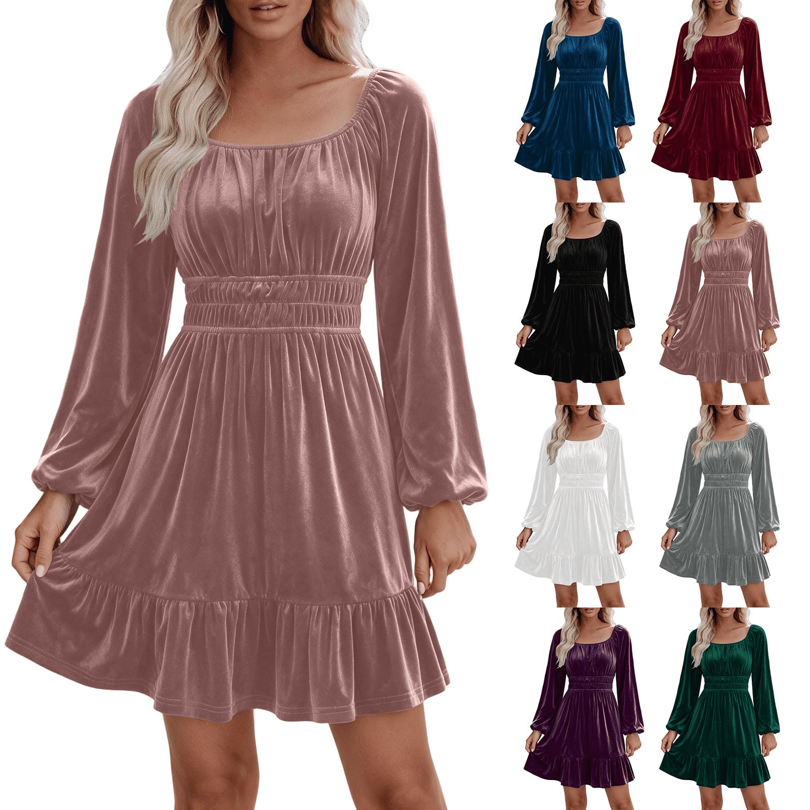 Ihhxva Women's Square Neck Mini Dress, Ruched Long Puff Sleeve Peasant ...