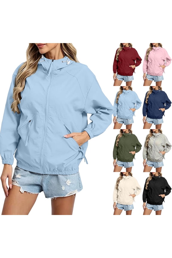 Women's Tops Loose Fit Hooded Windbreaker Jacket with Pockets Quick Dry Outdoor Sport Lightweight Casual Travel Rain Shell Zip Front S-3XL