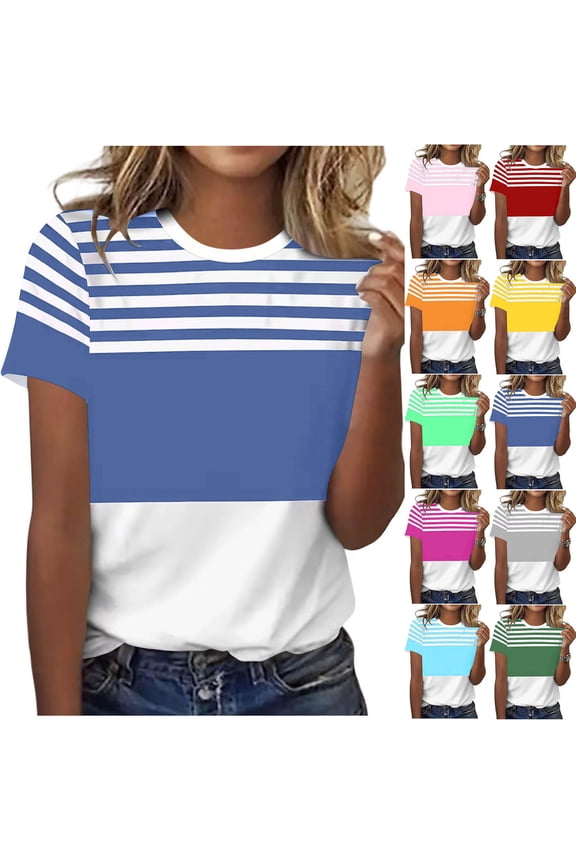 Women's Tops Moisture-Wicking Striped Crewneck Tee Fit Nautical Print T-Shirt Casual Summer Cotton Loose Style S-2XL