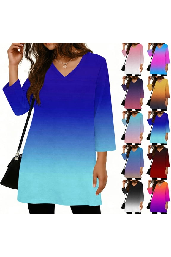 Women's Tops Ombre V-Neck Tunic Oversized Gradient Loose Blouse with Split Hem Casual Flowy Summer Beachwear Soft Long Sleeve S-2XL