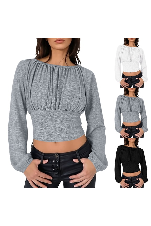 Women's Tops Slim Fit off Shoulder Crop Top Ruched Long Sleeve Blouse Casual Knit Going out Nightclub Date Velvet Stretch Y2k S-L