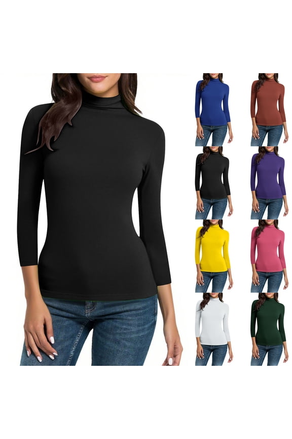 Women's Turtleneck Blouse Slim Fit Seamless 3/4 Sleeve Top Casual Knit Pullover Soft Stretch Ribbed Layer for Work Office Daily Wear S-2XL