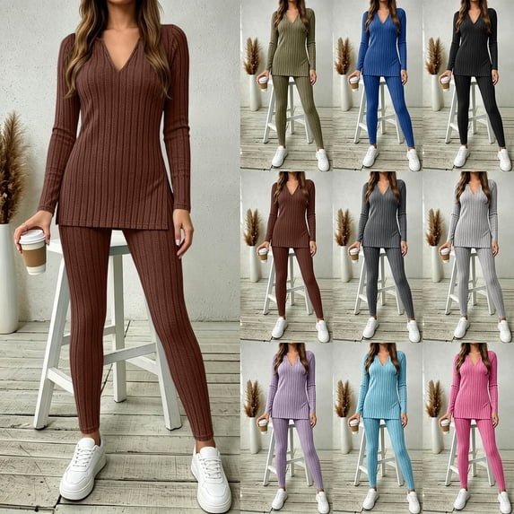 Ihhxva Women's Two Piece Set V-Neck Knit Slim High Waisted Leggings with Pockets Matching Long Sleeve Outfit S-2XL