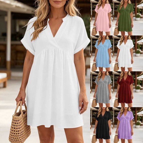 Ihhxva Women's V-Neck Short Sleeve Relaxed Fit Pleated Summer Sundress Lightweight Loose Beach S-2XL