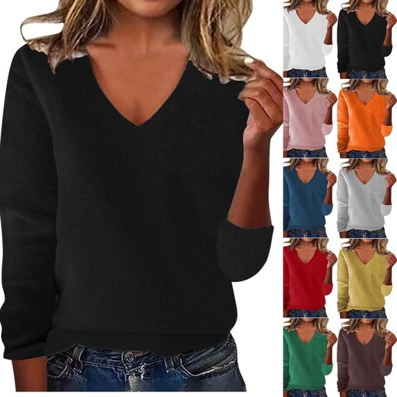 Ihhxva Women's V Neck Sweater, Long Sleeve Ribbed Knit Pullover Top, Solid Cotton Regular Fit Casual Sweater for Women XL - 5XL