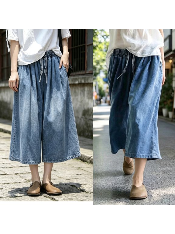 Women's Wide Leg Jeans 3/4 Length Elastic Waist Adjustable Breathable Denim Culottes Casual Daily Wear M-5XL