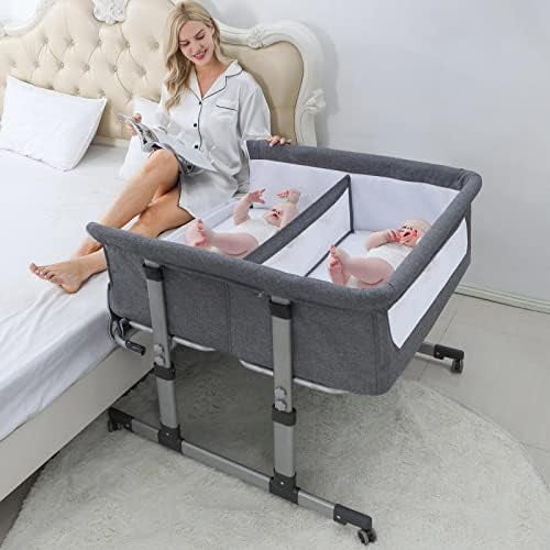 Ihoming Double For 2 Babies Twins Infant Co Sleeper Bedside Crib Attaches to Bed Grey