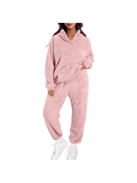 Fuzzy Pajama Set Fluffy Pajamas for Women 2 Piece Plush Sleepwear Warm Winter Lounge Sets for Women Fleece Pajamas Women Long Pajamas for Women Set Pink XS