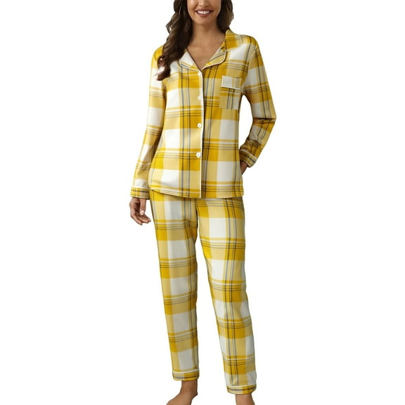Ihph7 Long Pajamas for Women Set Button Down Pajamas Women Pajama Sets for Women 2 Piece Fall Pajamas Women Long Sleeve Lounge Sets for Women Sleep Wear Set for Women Yellow M