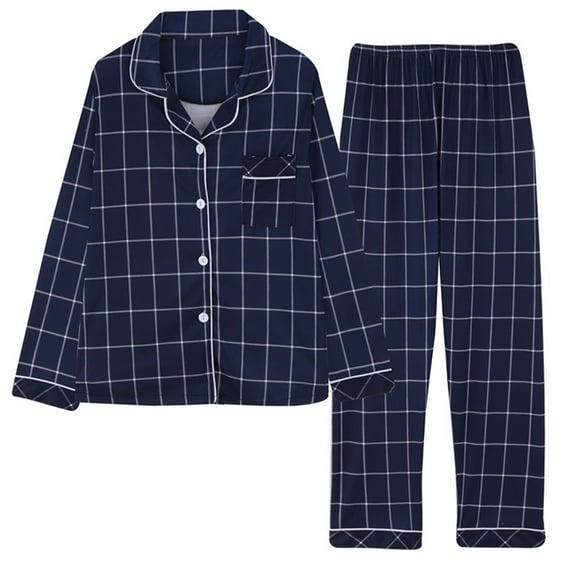 Ihph7 Long Pajamas for Women Set Plaid Pajamas Women Button Up Pajamas for Women Pajama Sets for Women 2 Piece Women's Sleepwear Button Up Lounge Sets for Women Womens Loungewear Blue M