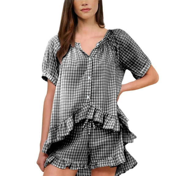 Ihph7 Short Pajama Set for Women Gingham Pajama Set Cute Pajama Sets for Women Babydoll Pajamas for Women Button Up Pajamas for Women Summer Lounge Sets for Women Black M