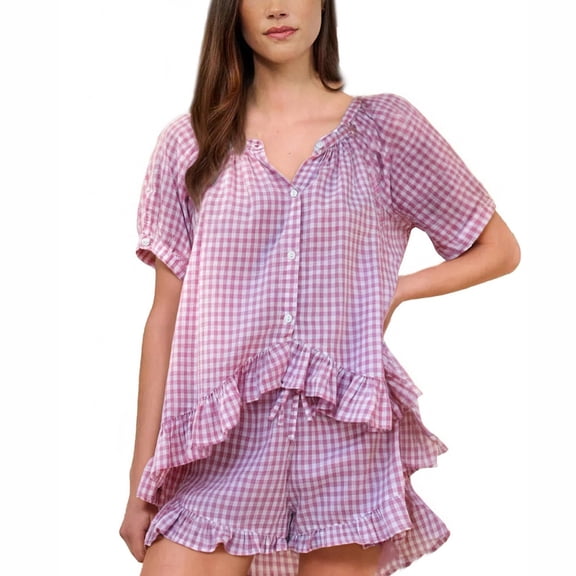 Ihph7 Short Pajama Set for Women Gingham Pajama Set Cute Pajama Sets for Women Babydoll Pajamas for Women Button Up Pajamas for Women Summer Pajamas for Women Set Pj Sets for Woman Purple M