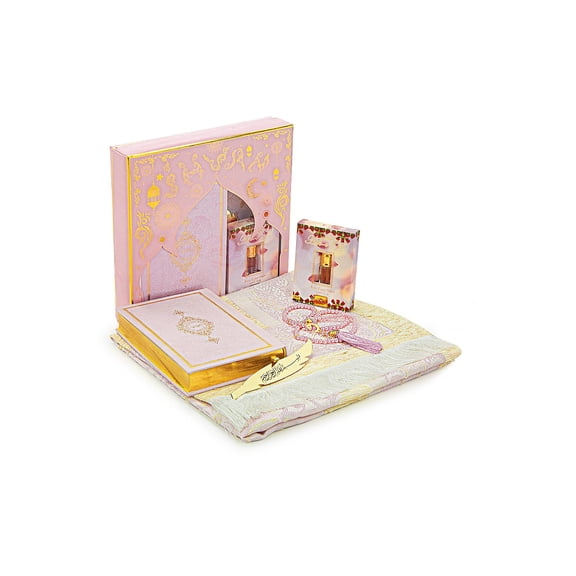 Ihvan Online Muslim Prayer Rug Islamic Gift With Beads Kufi Hat Quran Ramadan Eid Pink Indoor