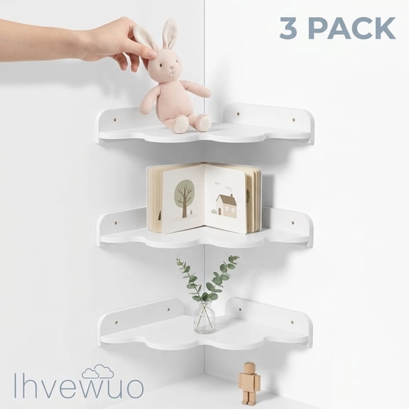 3-Pack Cloud Corner Shelf, 3-Tier Floating Wavy Corner Shelves with Cord Hole and Screws for Nursery and Bathroom, White PVC