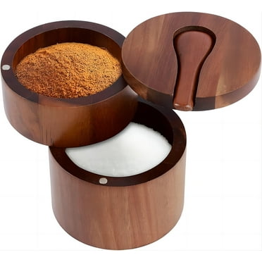 Ihvewuo Salt Container 2 Layers Salt and Pepper Bowl with Built in Spoon and Magnetic Swivel Lid Acacia Wood Salt Cellar Dustproof Salt and Pepper Storage Box