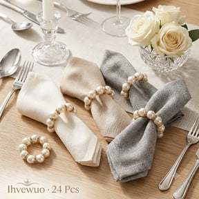 Pearl Napkin Rings Set of 24, Elegant Beaded Serviette Holders for Wedding, Party, and Holiday Dinner Table Decor, Elastic Design
