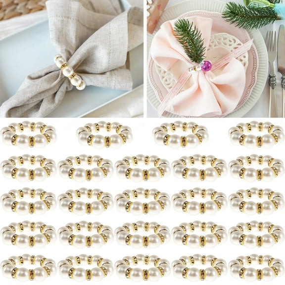 Ihvewuo 24Pcs Pearl Napkin Rings Elegant Pearl Beaded Napkin Holder 4cm Stretched Rhinestone Serviette Rings