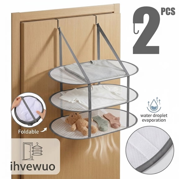 Ihvewuo 2pcs 3 Tier Sweater Drying Rack Over The Door Folding Drying Rack Mesh Clothes Dry Hanger Large Laundry Dryer Rack for Apartment Dorm Room Bathroom (Grey)